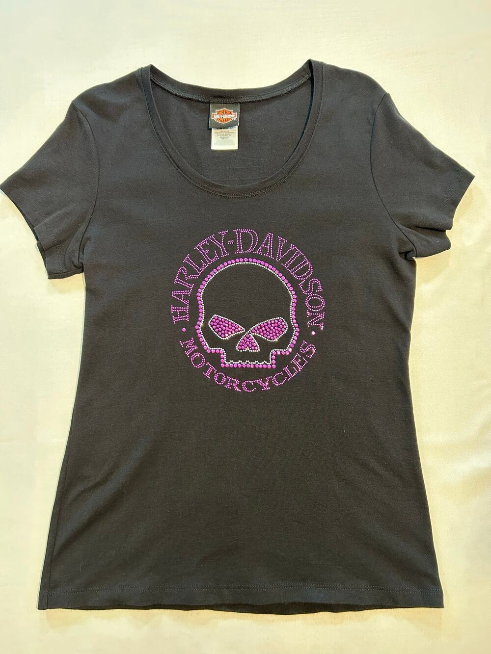 Harley Davidson Women's Skull Rhinestone T-Shirt Black Purple XL